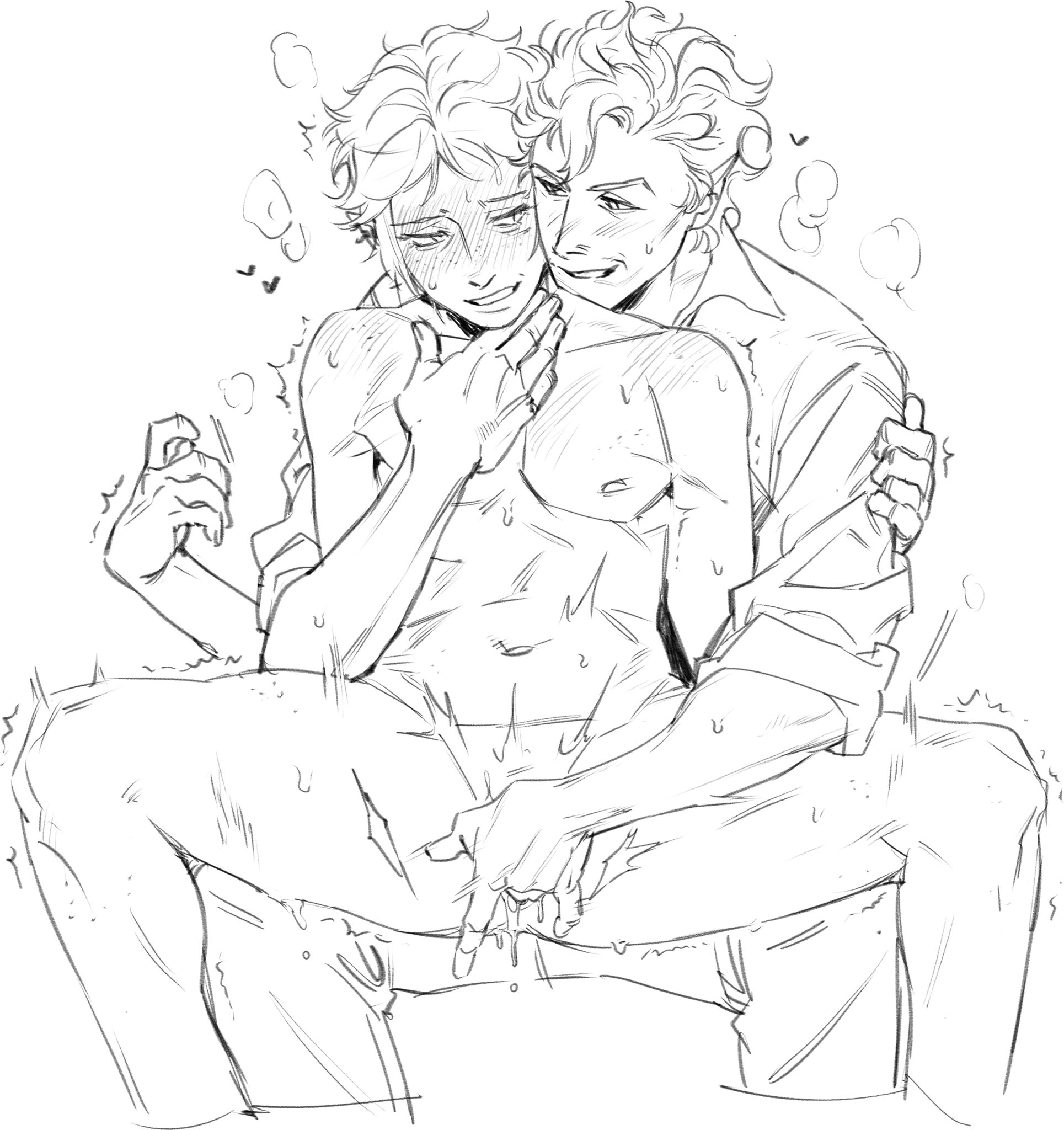 the image is a black and white sketch or drawing in the style of manga or anime, depicting two men in a very intimate embrace. one man is shirtless and the other is wearing a buttondown shirt. the scene is sensual, suggesting a romantic or sexual relationship. the style is loose and expressive, with visible pencil strokes and shading that conveys a sense of movement and emotion. the men's expressions are tender and affectionate.  the style is suggestive of yaoi (malemale romance) art.