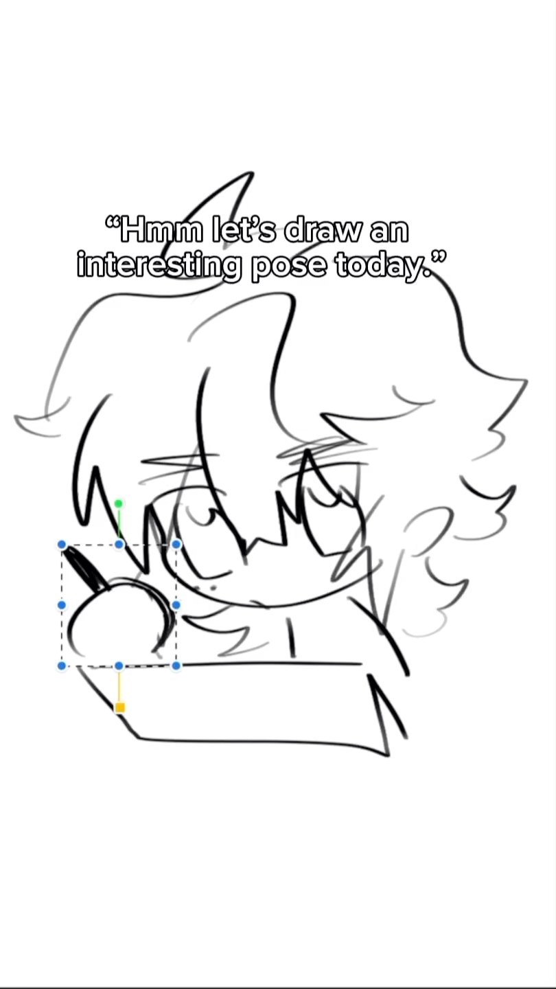the image shows a digital sketch of a cartoon character, possibly anime or manga style, with messy, expressive hair. the character is shown drawing something with its hand. there's text at the top that says, "hmm let's draw an interesting pose today."  the drawing style is loose and gestural, suggesting a work in progress. a dotted selection box is visible around the character's hand and the object it's drawing, possibly indicating a digital art tool in use.