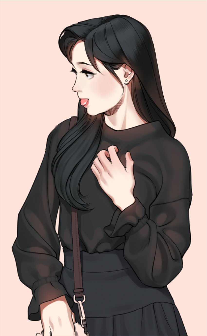 a young woman with long black hair and brown eyes is shown from the waist up, looking slightly to the left. she is wearing a black longsleeve top, black skirt, and has a small black purse hanging on her shoulder. she is holding her chest with her right hand and appears to be surprised or flattered with a slight blush on her cheeks and her tongue sticking out slightly. the background is a pale pink.