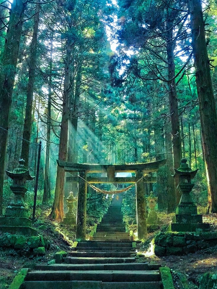 the image depicts a serene and mystical scene in a japanese forest.  a stone torii gate, draped with what appears to be a sacred rope or offering, stands at the beginning of a mosscovered stone staircase leading deeper into the woods. sunlight streams through the dense canopy of tall, slender trees, illuminating the path. stone lanterns flank the gate, adding to the ancient and spiritual atmosphere. the overall color palette is a calming blend of greens and blues, enhancing the tranquil and almost otherworldly feel of the location.  the scene strongly suggests a pathway to a shrine or temple nestled within the forest.