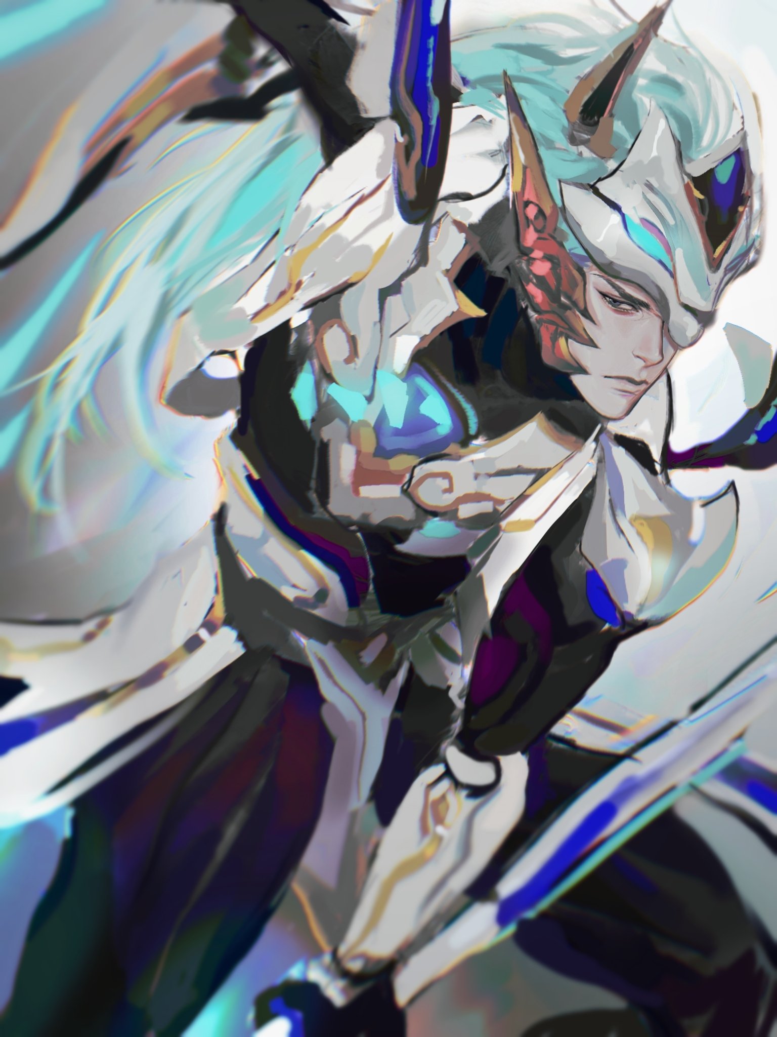 a digital illustration of an anime warrior in a futuristic cyberpunk setting. the warrior is adorned with white armor and a helmet with intricate designs. they hold a blade and are in a dynamic pose. the art style is vibrant and colorful, showcasing the warrior's strength and power.