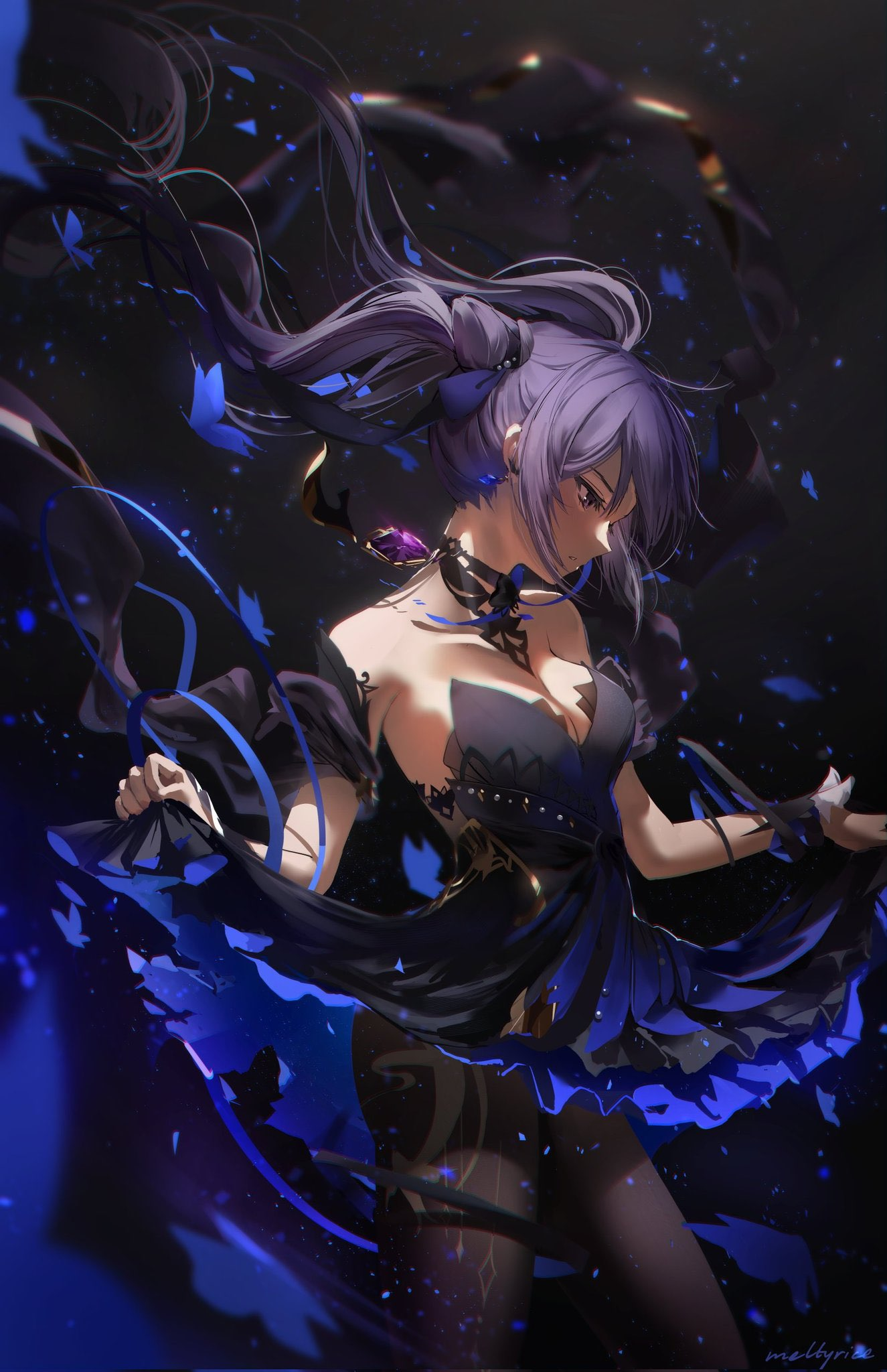 a female anime character with long purple hair and piercing eyes stands amidst swirling blue energy and smoke. she wears an elaborate dark blue dress with black lace and a gemencrusted choker. her pose is dynamic, suggesting movement and action, and she appears to be wielding a magical sword or energy blade. the overall atmosphere is dark and fantastical.