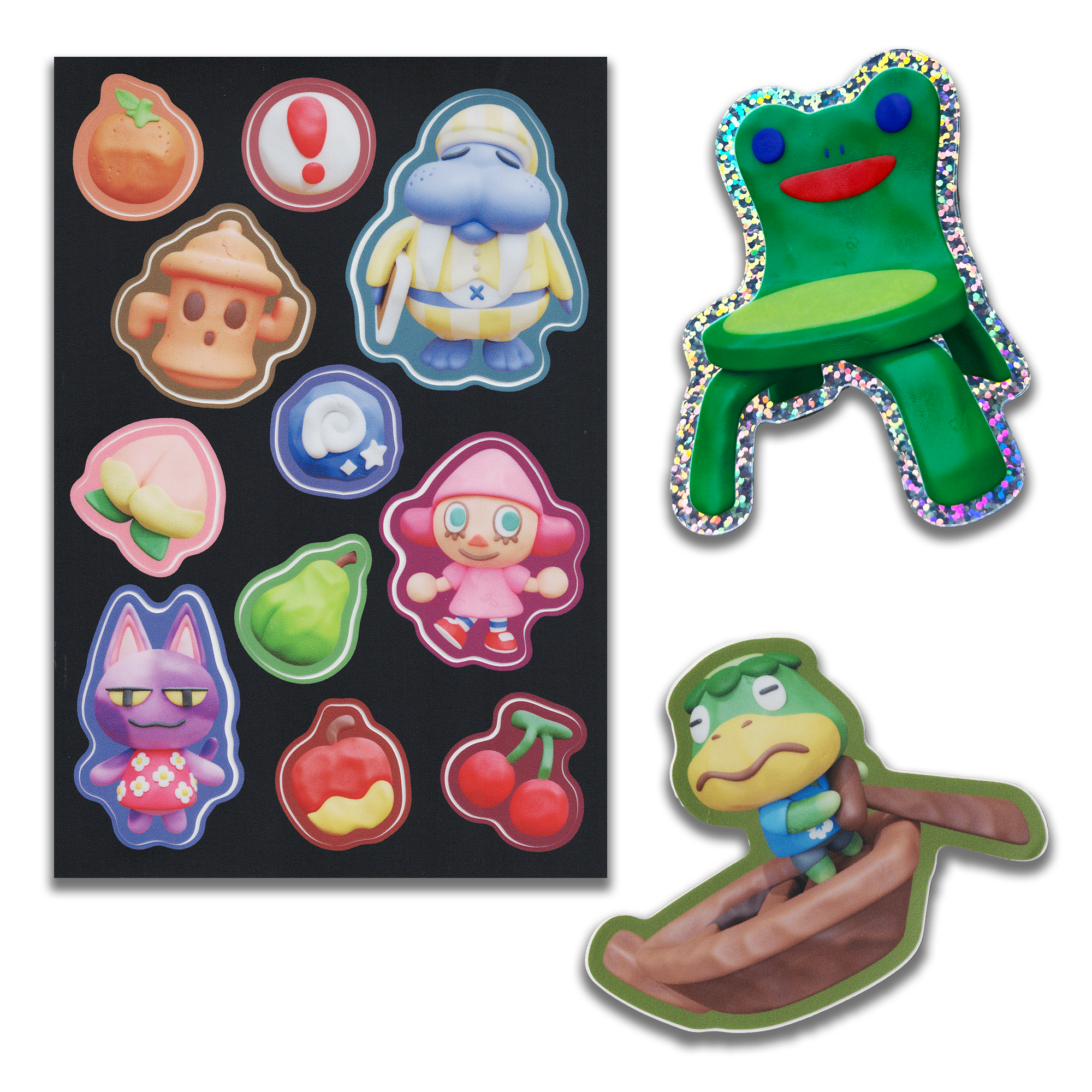 this is a closeup image of two animal crossing: new horizons sticker sheets. the sheet on the left features a variety of villagers, furniture, and items from the game, including a cat villager, a frog villager, a chair, a boat, a pear, a peach, a cherry, and a fire hydrant. the sheet on the right features a frog villager sitting in a chair. the stickers are glossy and colorful, with holographic details.
