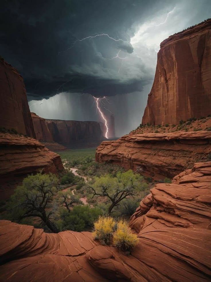 a landscape photograph capturing a dramatic storm in a canyon. a large bolt of lightning strikes in the distance amidst a heavy downpour. the canyon walls are made of red rock, and there are green trees and shrubs in the valley below. the sky is dark and filled with storm clouds.