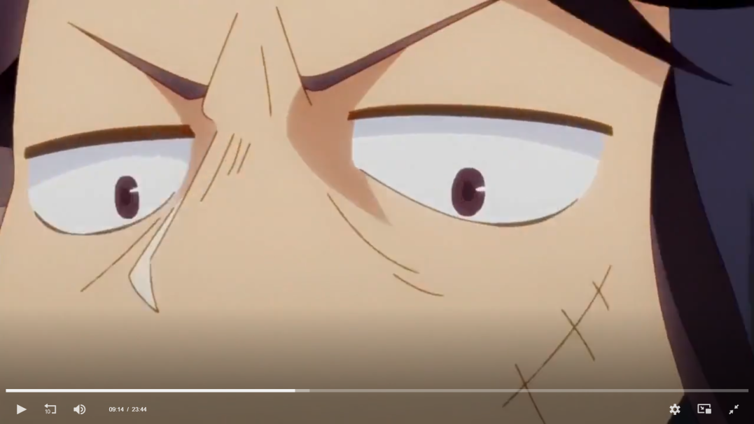 a closeup shot of an anime character's face, focusing on their eyes and eyebrows, with a shocked and concerned expression.  they have a few scars stitched on their face.