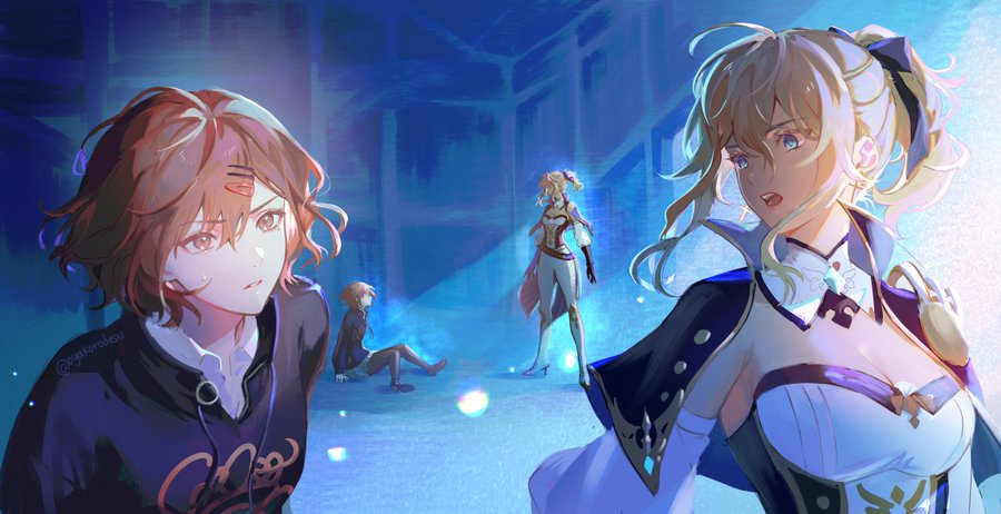 the image is a digital illustration of three anime characters in a fantasy setting. the character in the foreground is a woman with long blond hair. she is wearing a white dress with a blue and black jacket. the character in the middle is also a woman with long blond hair. she is wearing a white dress with a red and black jacket. the character in the background is a woman with brown hair. she is wearing a blue shirt and black jacket. the character in the middle is standing with her sword in her hand. the character in the foreground is standing with her hands by her side. the character in the background is kneeling on the ground. the background is a blue and purple sky with floating lights. the image has a magical and fantasy feel.
