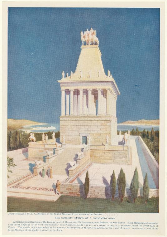an illustration depicting a reconstruction of the mausoleum at halicarnassus. the multitiered structure is presented as a grand, white stone building with columns and statues, set against a blue sky and a coastal landscape. the surrounding area includes steps, walls, and trees, adding to the overall scene of an ancient architectural marvel.
