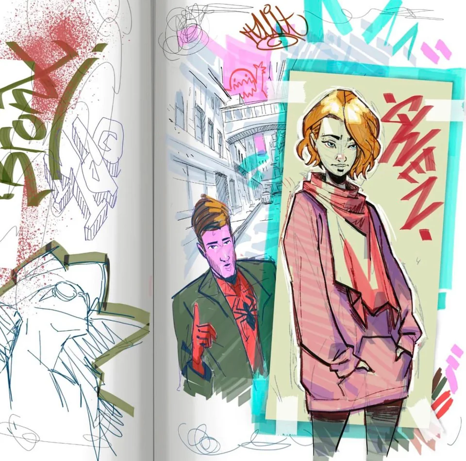 an illustration spread features spiderman and mary jane. the style mimics a sketchbook with a colorful and energetic palette. on the left page, a penciled sketch of what appears to be a creature's head and other scribbles are visible. the right side depicts mary jane in a pink hoodie and scarf in a more polished and colored style, while spiderman appears in a sketchier, partially colored style behind her, pointing towards the viewer. the background shows a street with buildings, rendered in black and white with colored accents. colorful graffiti elements overlay the page, adding to the dynamism of the piece.