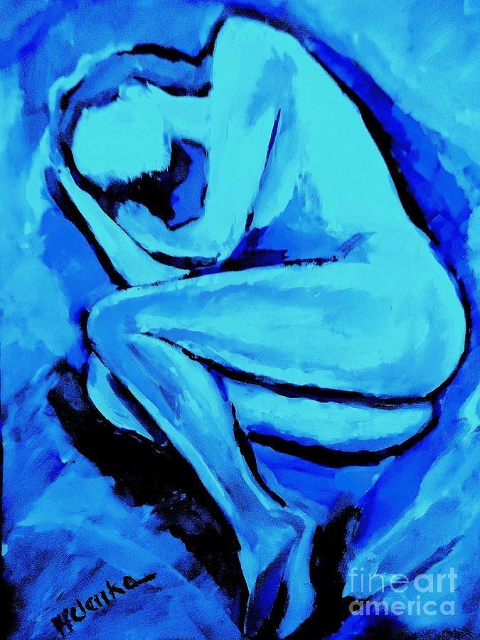 a painting in shades of blue depicting a figure in a fetal position,  the figure is curled in on itself, with its head bowed and its arms wrapped around its body. the lines are bold and the colors are rich and vibrant, conveying a sense of intensity and emotion.