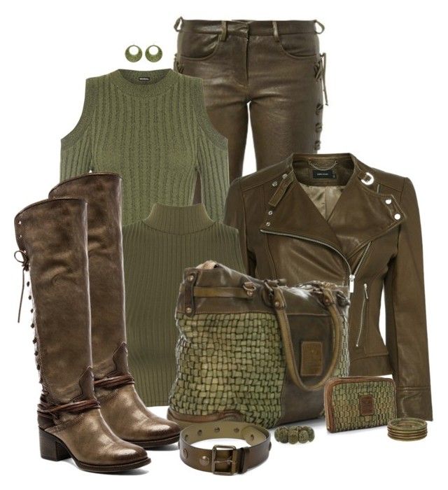 this image features a collection of olive greentoned fashion items arranged on a white background. the items include highwaisted leather pants, an open shoulder sweater, a turtleneck, a leather biker jacket, a woven leather tote bag, a leather wallet, a leather belt, stackable bracelets, stud earrings, and leather kneehigh boots. the image suggests a cohesive fall fashion outfit.