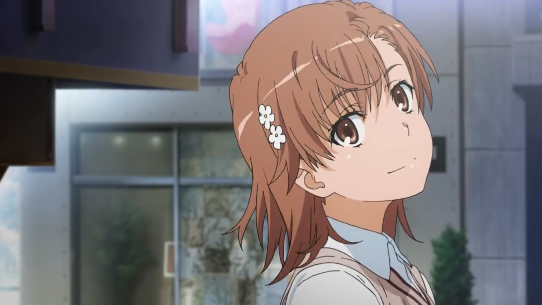 the image showcases a young anime girl with rosy cheeks and a gentle smile. she has shoulderlength, brown hair adorned with small, white flowers. her soft, brown eyes convey a sense of warmth and kindness. she wears a creamcolored vest over a white shirt, suggesting a school uniform. the setting appears to be an urban environment, possibly a city street, as indicated by the blurred storefront in the background. the lighting is soft and diffused, creating a warm and inviting atmosphere.  the image captures the girl from an eyelevel perspective, fostering a sense of connection with the viewer.