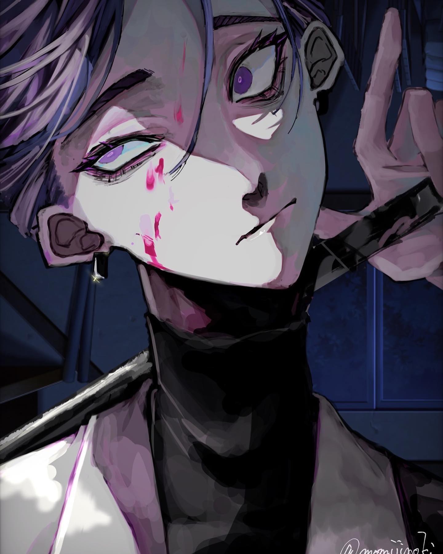 the image is a stylized digital painting or fanart in an anime/manga style. it depicts a closeup portrait of a male character with striking purple hair.  he has pale skin, intense purple and blue eyes, and streaks of blood on his face. he holds a knife in his hand, partially visible, and has a somewhat sinister or secretive expression. the character is dressed in dark clothing, including a black turtleneck, and is set against a dimly lit background, suggesting a mysterious or possibly dangerous situation. the overall aesthetic is dark, edgy, and dramatic, with strong use of shadows and contrasting colors. the art style emphasizes sharp lines and bold coloring, giving a sense of movement and intensity.
