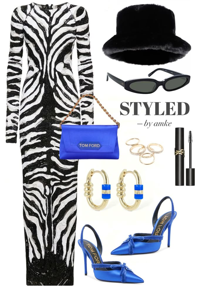 a fashionthemed image showcasing a styled outfit. it features a longsleeved zebra print dress, a blue tom ford handbag and matching high heels, a black fuzzy hat, sunglasses, rings, earrings, and makeup including mascara.