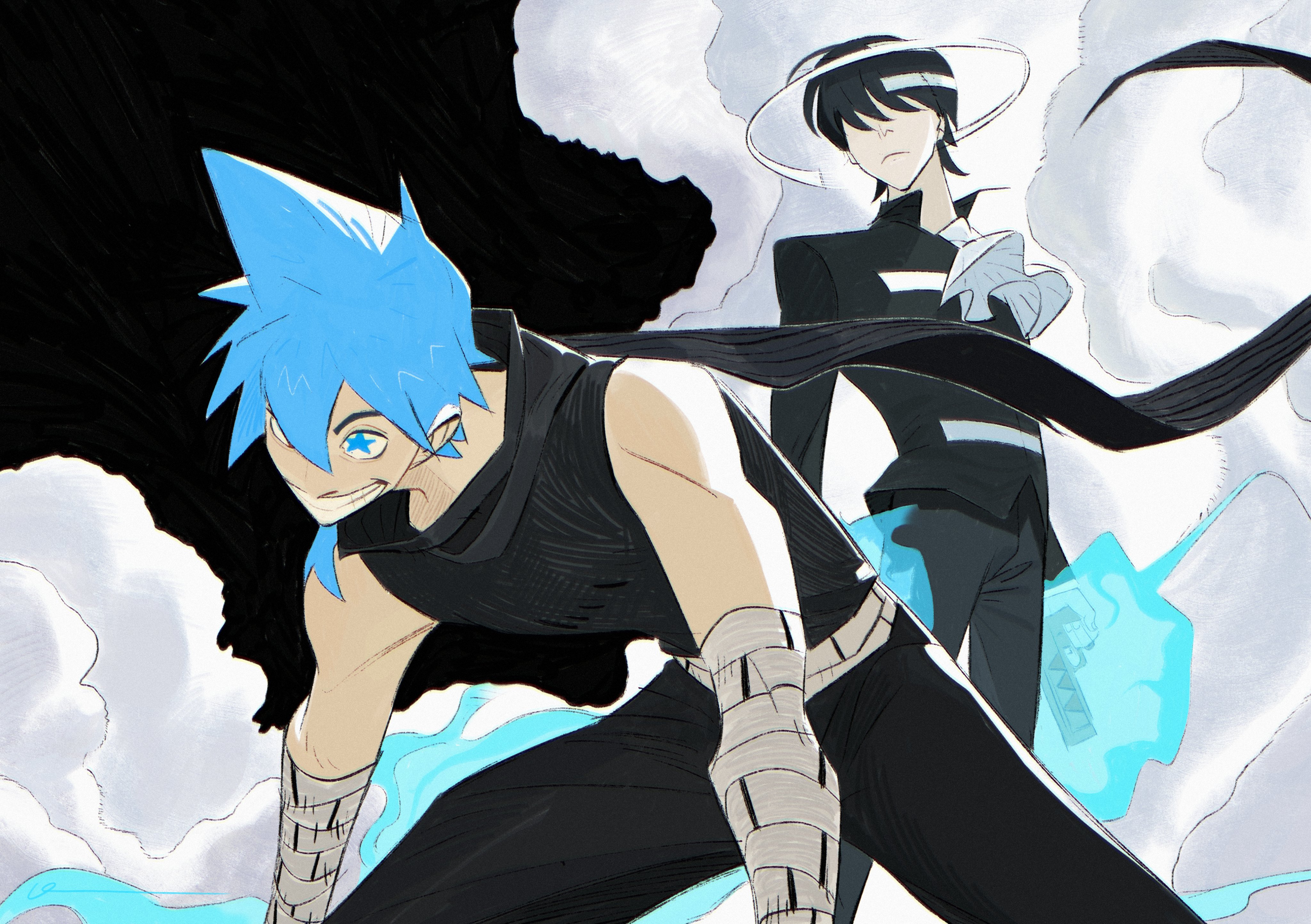 this image is a dynamic illustration of two anime characters in the middle of a fight. the character on the left has blue hair and is wearing black clothing with white bandages. he is crouched down and looks like he is about to strike. the character on the right has black hair and is wearing a white hat and black clothing. he is holding a sword in his right hand. the background of the image is black and white clouds, with blue flames emanating from both characters. this image is full of action and energy, and it is sure to get viewers excited.