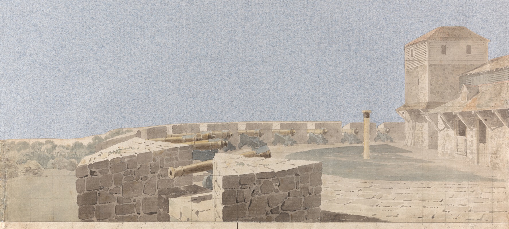 the image depicts a historical illustration of a military fortification, showcasing a stone wall lined with cannons. a prominent stone tower with a wooden top stands to the right. the scene conveys a sense of oldworld military architecture, with details of the stonework, artillery, and defensive structures highlighted under daylight. the image captures a moment frozen in time, showcasing the defensive capabilities of the structure.