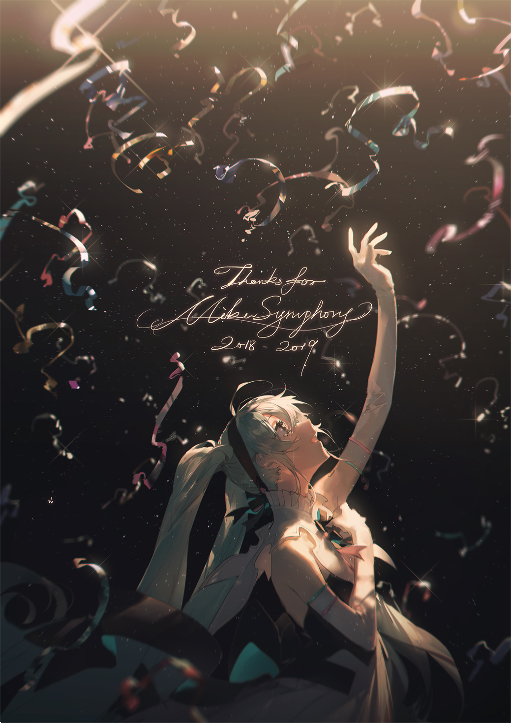 the image shows a fan art illustration of the anime character hatsune miku surrounded by ribbons and confetti, set against a dark background, with the text "thanks for miku symphony 2018  2019" written in a calligraphic style. miku is depicted in a white outfit and has long white hair in her signature pigtails.
