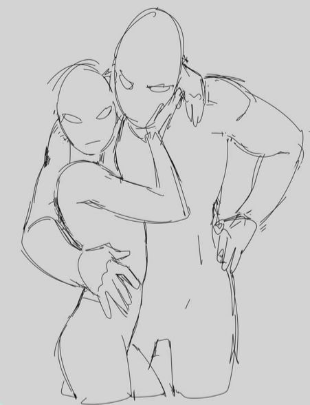 he image is a line drawing of two figures embracing. the style is loose and expressive, with quick, sketchy lines. the figures are simplified and somewhat androgynous, with no distinct facial features beyond simple shapes suggesting eyes and a mouth.  the embrace is close and intimate, with one figure's arms wrapped tightly around the other. the overall feeling is one of closeness and affection. the lines are fluid and somewhat chaotic, suggesting a moment captured quickly, rather than a carefully rendered image.  the background is a plain grey.