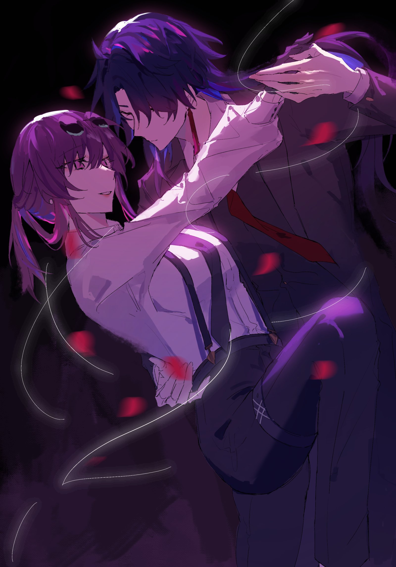 an anime couple is dancing in the dark. the woman is wearing a white shirt with suspenders and the man is wearing a black suit with a red tie. they are both smiling and holding each other close. the image is surrounded by falling petals and the light of a nearby streetlight.
