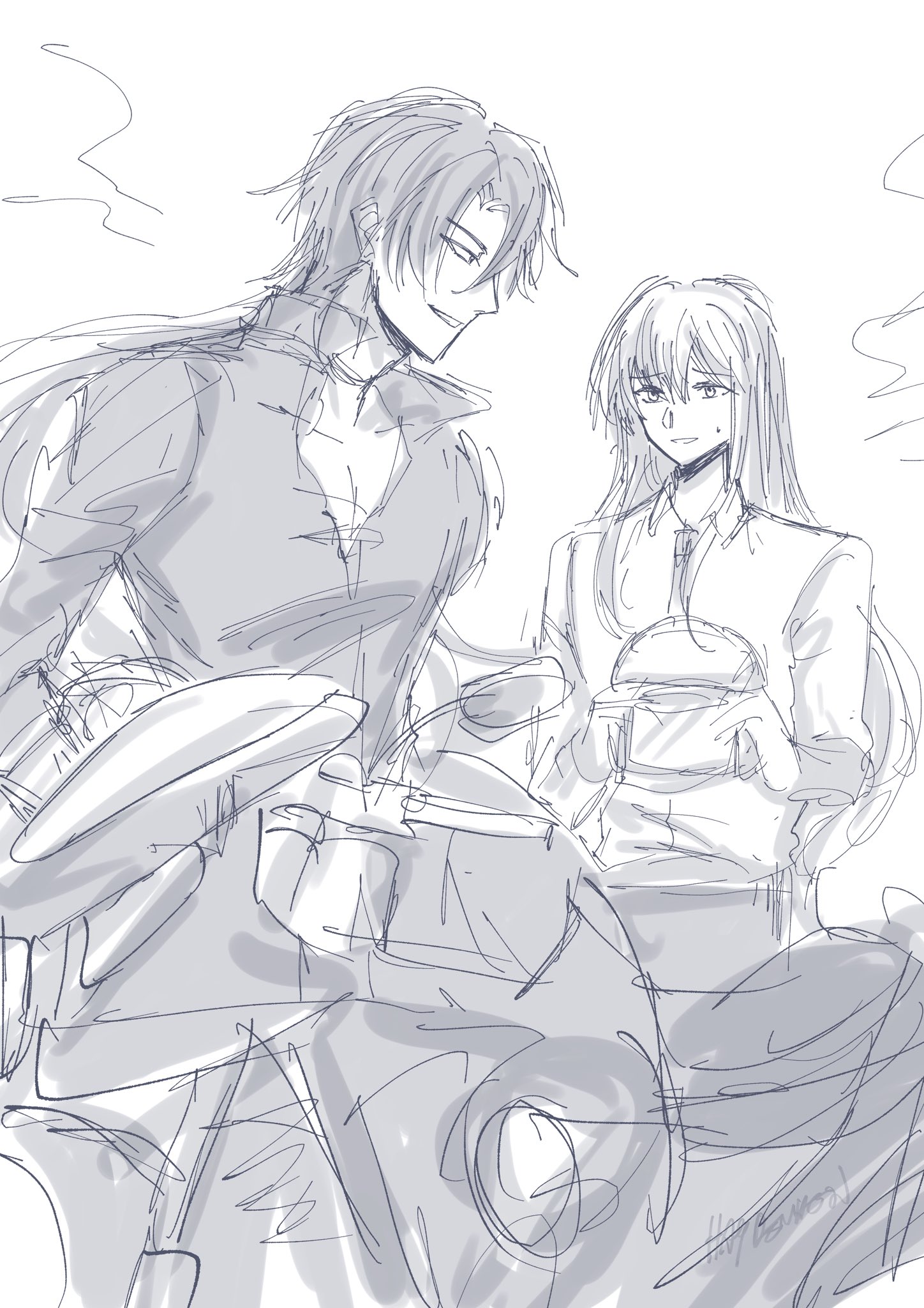 a black and white sketch of two anime characters, a girl with long straight hair and a boy with long wavy hair, sitting on a motorcycle. the girl is holding a helmet and the boy is looking at her. the image is drawn in a cartoon style.