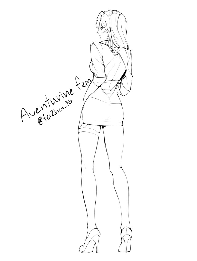 an animestyle illustration of a woman standing with her back to the viewer. she is wearing a short skirt, stockings, and high heels. her long blonde hair is flowing down her back. the drawing is in black and white and appears to be a sketch or line art. the woman has a slender and elegant figure, and she appears to be posing for a photo. her outfit is stylish and sexy, and her overall appearance is