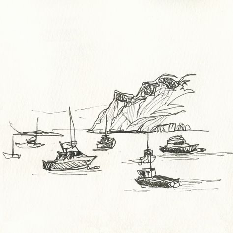 a black and white sketch of a bay or harbor with a large cliff in the background and multiple boats, including sailboats, yachts and motorboats, in the water.  the drawing is done with a thin, fine line, similar to a pen and ink style.  the sketch is slightly angled and offcenter, giving the image a dynamic feel.  the style is somewhat stylized and realistic.  it evokes a sense of peace and tranquility.