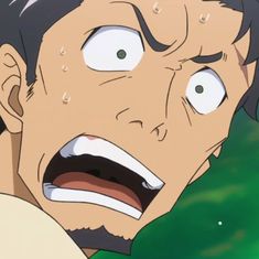 a closeup illustration of an anime man with a terrified expression. his eyes are wide with fear, his mouth is open in a silent scream, and beads of sweat are dripping down his face. the background is a blur of green, suggesting he is outdoors.