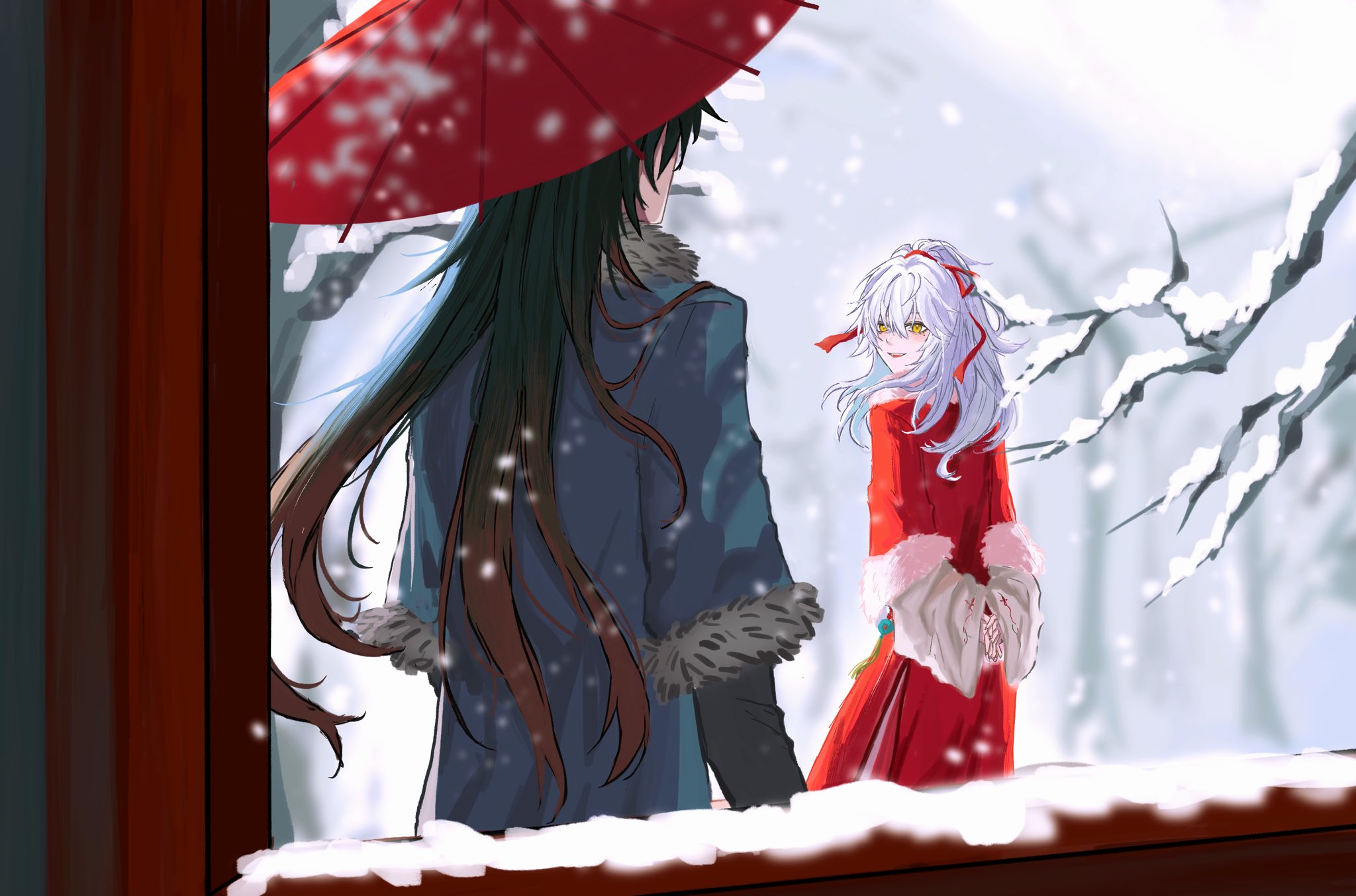 the anime illustration depicts two figures, a girl with white hair and a boy with black hair, standing in a snowy landscape. the girl is wearing a red dress and a white fur trim, while the boy is wearing a blue coat with a white fur trim. the girl is smiling and looking at the boy, while the boy is looking at the girl with a gentle expression.  the boy is holding a red umbrella over the girl’s head.  a winter scene with snow falling softly on the ground. the backdrop is a snowy forest with bare branches and trees.