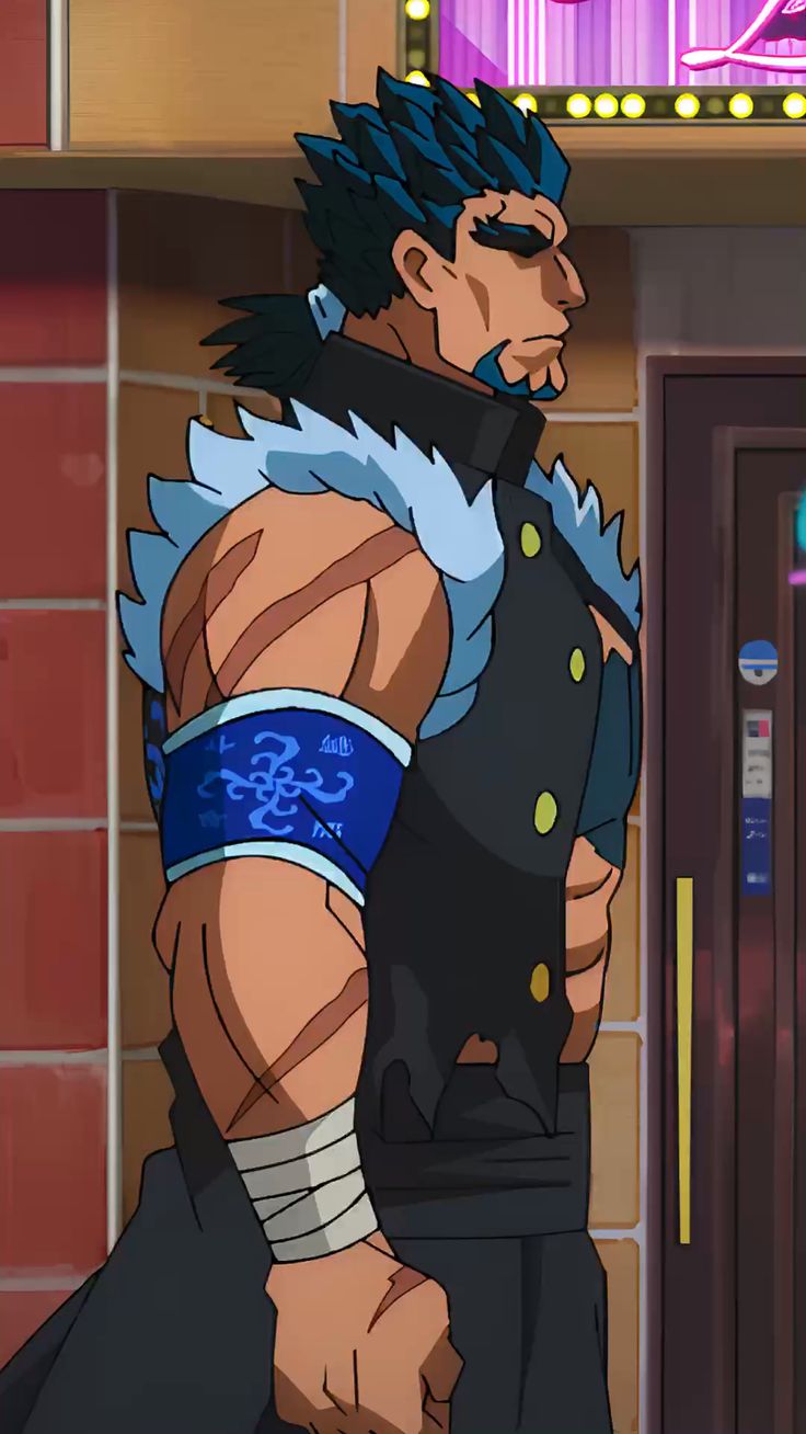 the image shows a muscular anime man from the side. he has spiky blue hair and a blue beard. he has scars on his face and arms. his outfit is black and white with blue details. the background shows a brick wall and the side of a building.