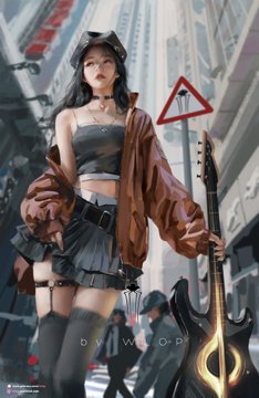 a stylish woman with a cyberpunk aesthetic stands confidently in the middle of a bustling city street, her electric guitar slung over her shoulder. the low angle shot emphasizes the towering buildings and creates a sense of dynamism and power. the woman's outfit is a mix of edgy and fashionable, with a short skirt, thigh highs, and a bomber jacket. her expression is cool and confident, hinting at a rebellious spirit.