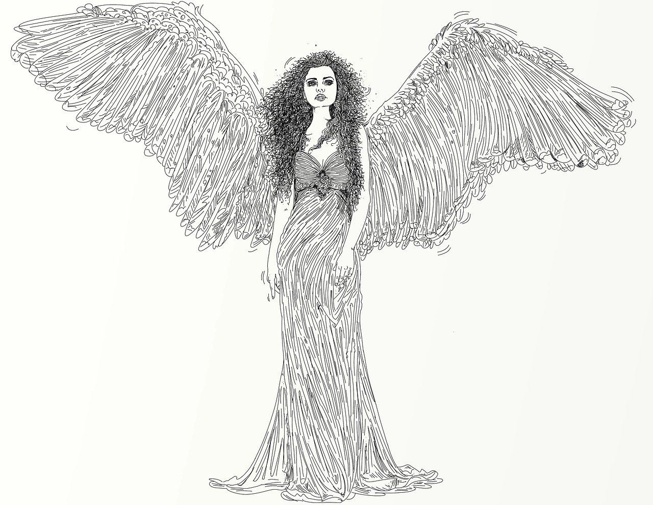 a detailed line art drawing of a woman with large wings, wearing a flowing dress and sporting curly hair. she stands in a graceful pose, exuding an ethereal and fantasylike aura.