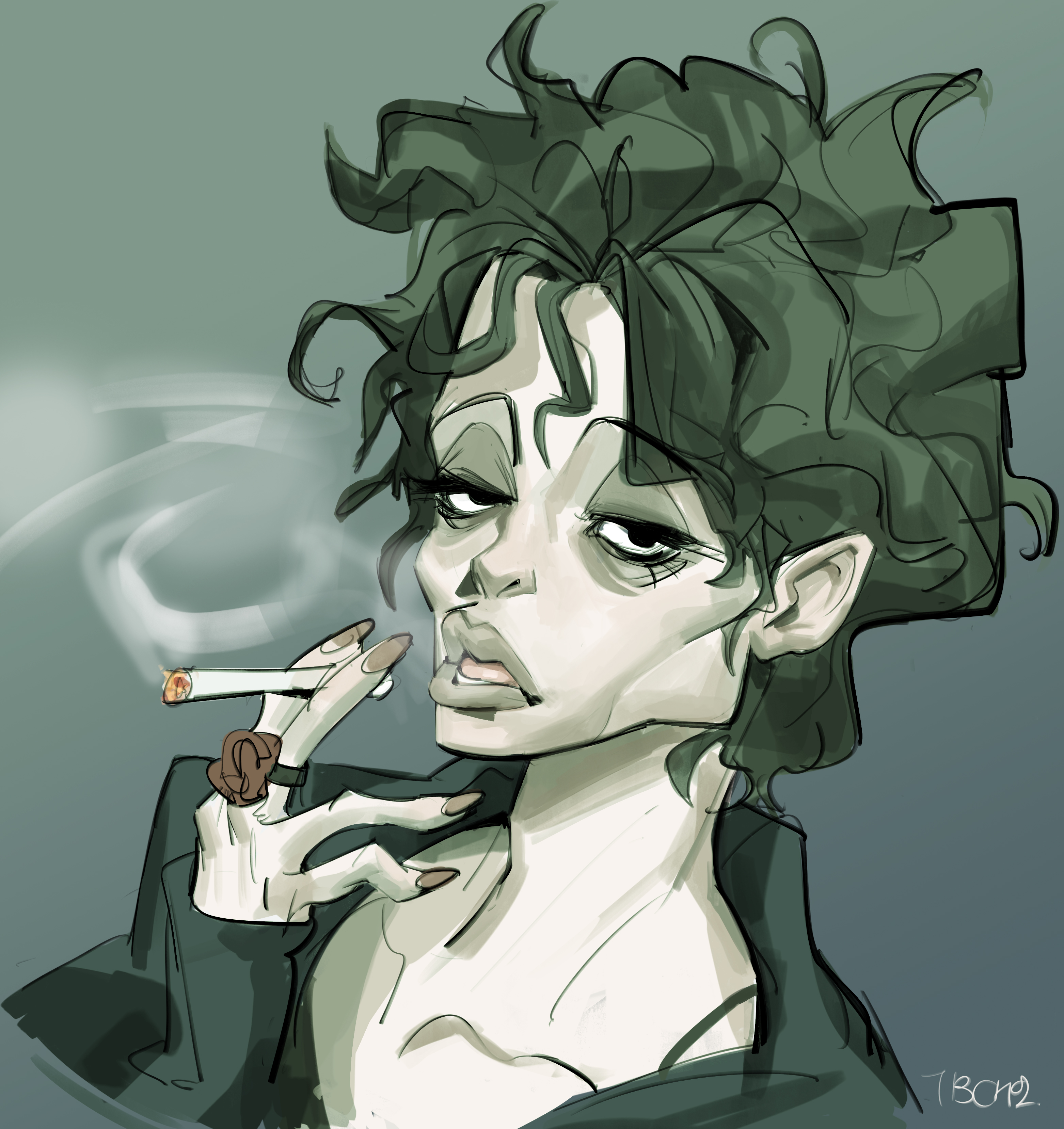 the image is a stylized digital drawing or painting of a woman's caricature.  her features are exaggerated, particularly her eyes and lips, creating a somewhat melancholic and intense expression. she has dark, curly hair and is depicted smoking a cigarette, with smoke curling around her face. she's dressed in a dark jacket,  and her pose and expression convey a sense of cool nonchalance. the overall color palette is muted greens and greys, contributing to the image's dark and moody atmosphere. the artist's signature "tbch92" is visible in the bottom right corner. the style is expressive and artistic, suggesting a focus on capturing mood and personality rather than precise realism.