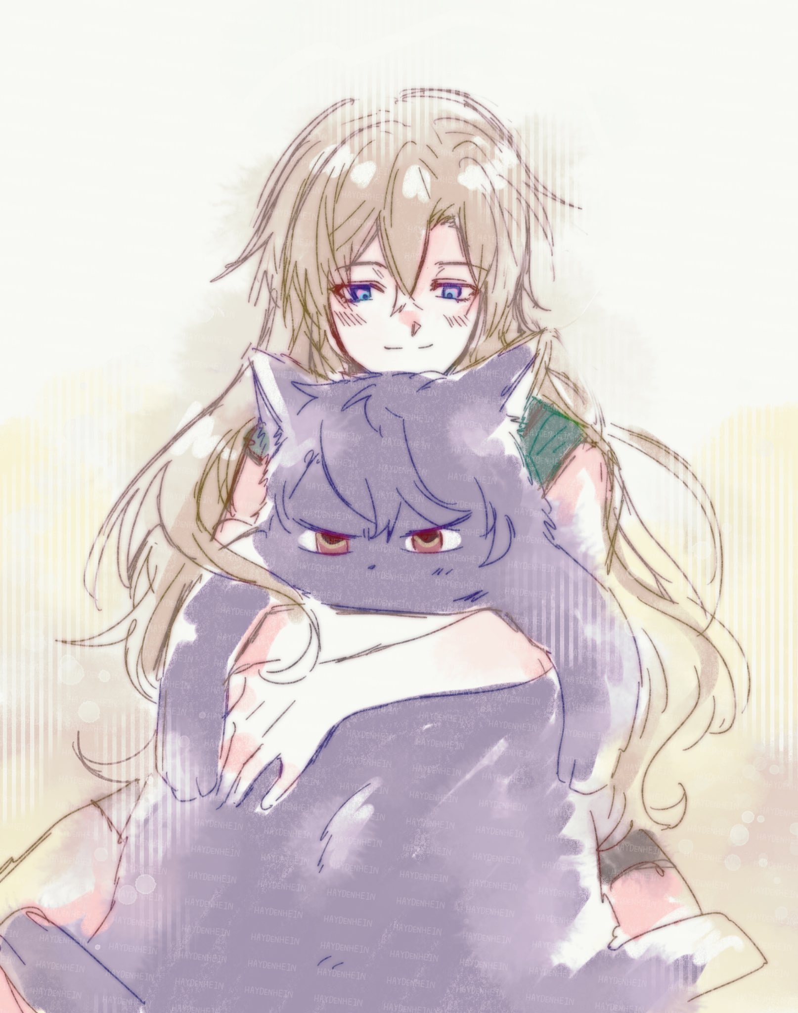 this image depicts a girl with long blonde hair hugging a large cat. she is smiling warmly and the cat has a mischievous look on its face. the image is drawn in a soft, delicate style with watercolorlike effects. the colors are mostly pastel shades of pink, purple, blue, and green, with a white background. the overall feel of the image is sweet and heartwarming.