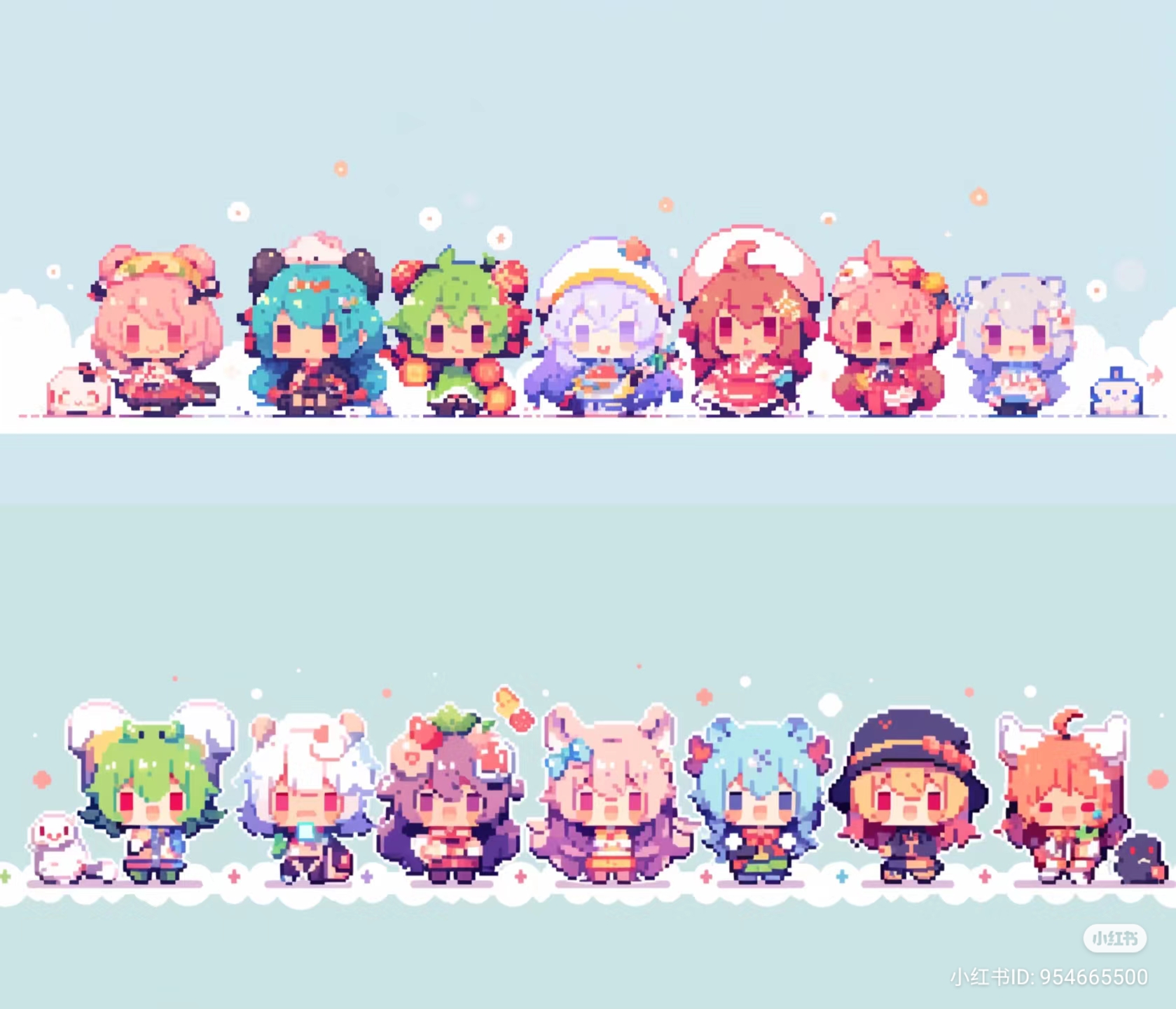a pixel art image of genshin impact characters in two rows, ten in each row, against a light blue background with clouds and snowmen.