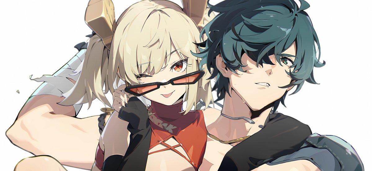 a closeup illustration showcases two anime characters, possibly from a video game like genshin impact, positioned closely together. the female character, with blonde hair styled in twin tails and adorned with golden accessories, playfully wears red sunglasses. her attire consists of a red and black top. in contrast, the male character has teal hair and is dressed in darker, muted clothing, a style suggestive of a warrior or adventurer. their expressions and proximity suggest a romantic or close relationship. the art style is highly detailed, employing smooth lines and soft shading. the background is simple and white, drawing complete focus to the characters.