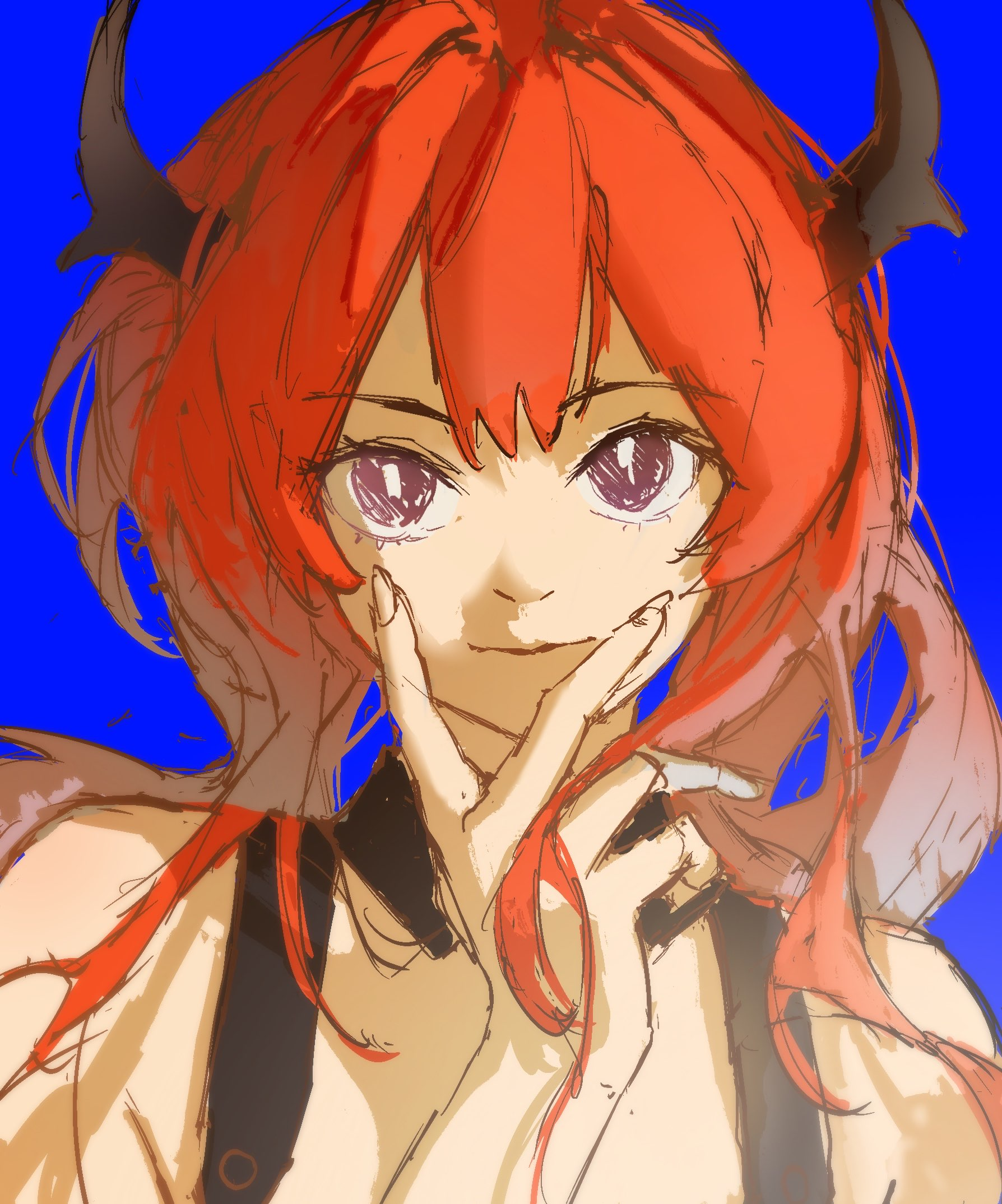 a stylized portrait of an animestyle girl with red hair, purple eyes, and small horns, set against a vibrant blue background. the art style is loose and expressive, utilizing a warm color palette with visible brushstrokes, giving it a dynamic and energetic feel. the girl is positioned in a playful manner, with her index finger resting on her chin and a subtle smile on her face. her attire features a black and white top with straps. overall, the image conveys a sense of mischievous charm and vibrant personality.