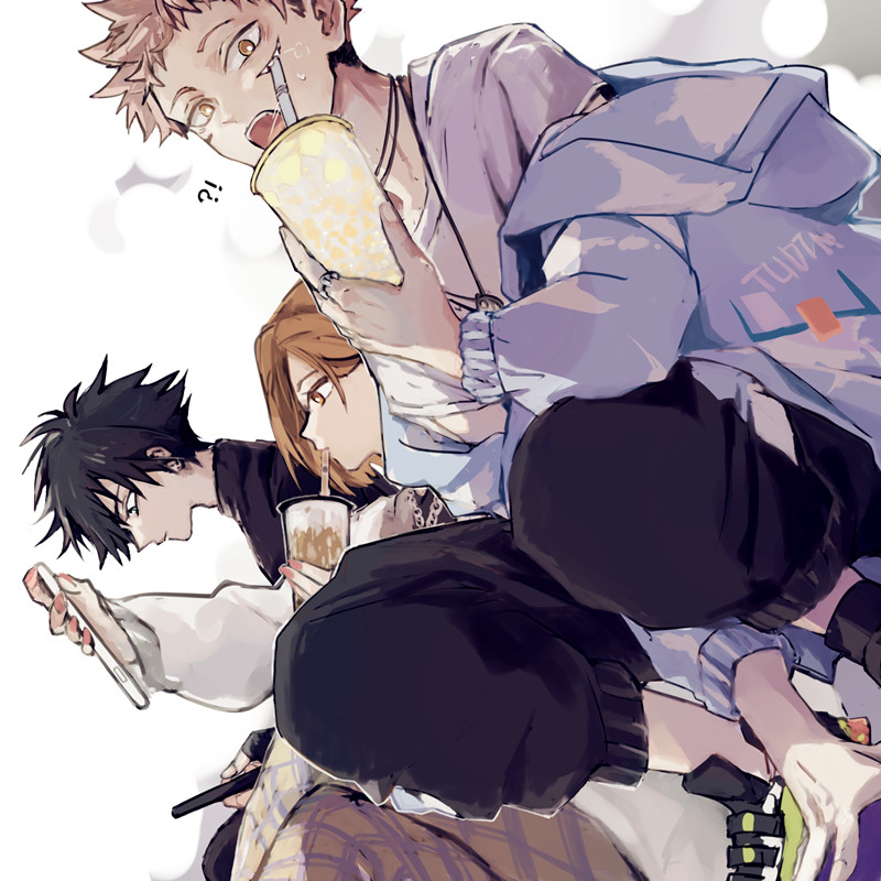 the image is an illustration of three anime characters hanging out in a cafe setting. they are all dressed in casual clothes and appear to be friends. the boy in the front is sitting with his legs crossed, while the girl is leaning against him, and the boy in the back is sitting on the girl's lap. all three have drinks in their hands, and the boy in the back is looking at his phone. the image has a cheerful and friendly vibe.