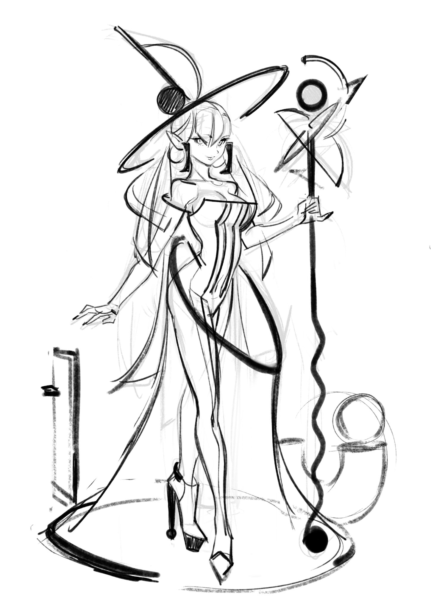 a black and white sketch of a witch. she's wearing a hat and a dress, holding a staff, and standing on a circular platform.
