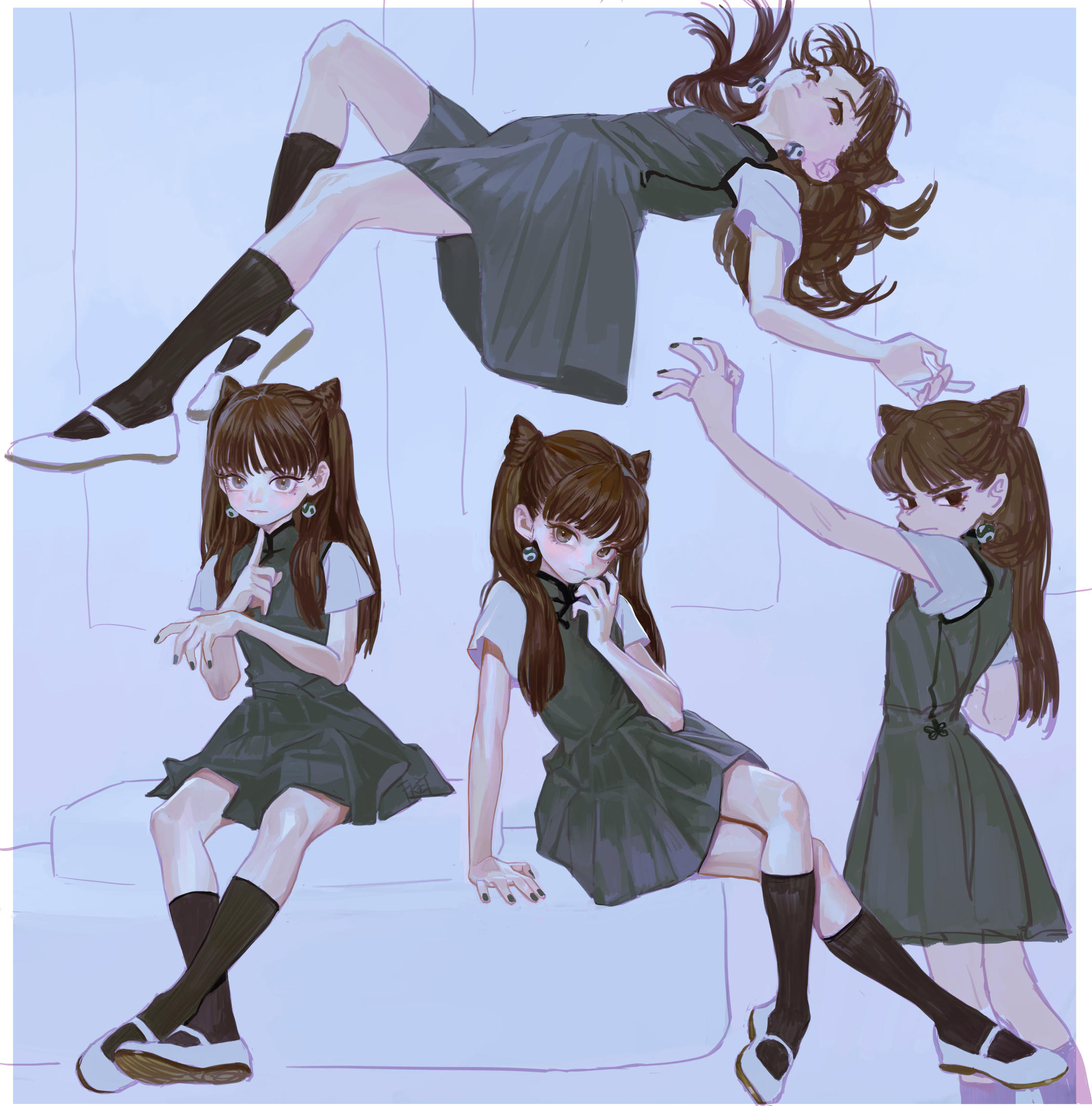 the image shows a character illustration in anime style, depicting a young girl wearing a dark dress over a white shirt, resembling a school uniform, with black kneehigh socks and white mary jane shoes. she has dark brown hair styled with cat ears on top of her head. the illustration features the same character in multiple poses: sitting, leaning, and lying down, all within the same composition. she has a contemplative and pensive expression.