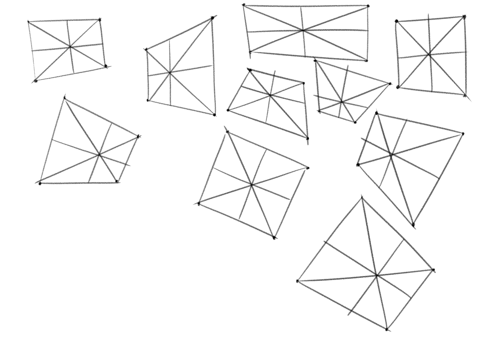 he image contains a collection of handdrawn geometric shapes, primarily quadrilaterals, scattered across a white background.  the shapes are irregular, suggesting a casual, freehand style.  each quadrilateral is further divided by lines that intersect at a central point, creating a star or spiderweblike pattern within each shape.  the lines are not perfectly straight or uniform, adding to the informal aesthetic.  the shapes vary in size and orientation, creating a dynamic and somewhat random composition.
