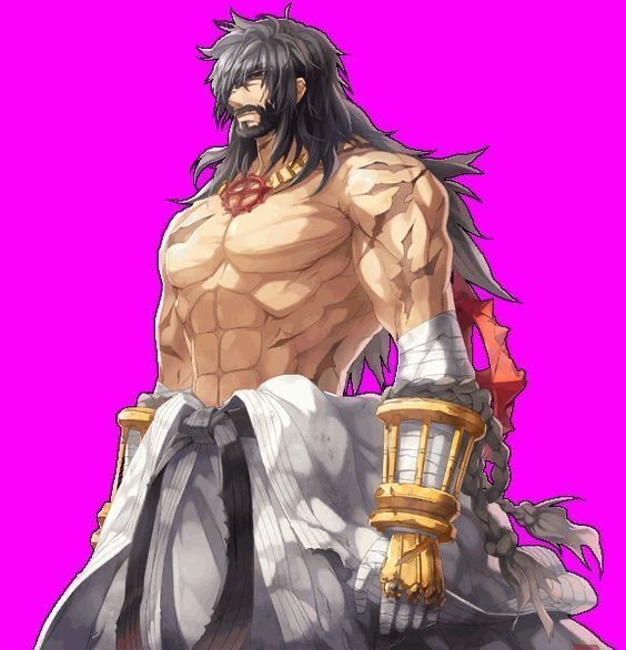 the image depicts a muscular anime male character with long black hair and a beard. he is wearing white clothing with gold accessories and is standing against a bright purple background. his expression is serious and determined, suggesting that he is a powerful warrior or fighter. the image is drawn in a manga style, with vibrant colors and dynamic poses.