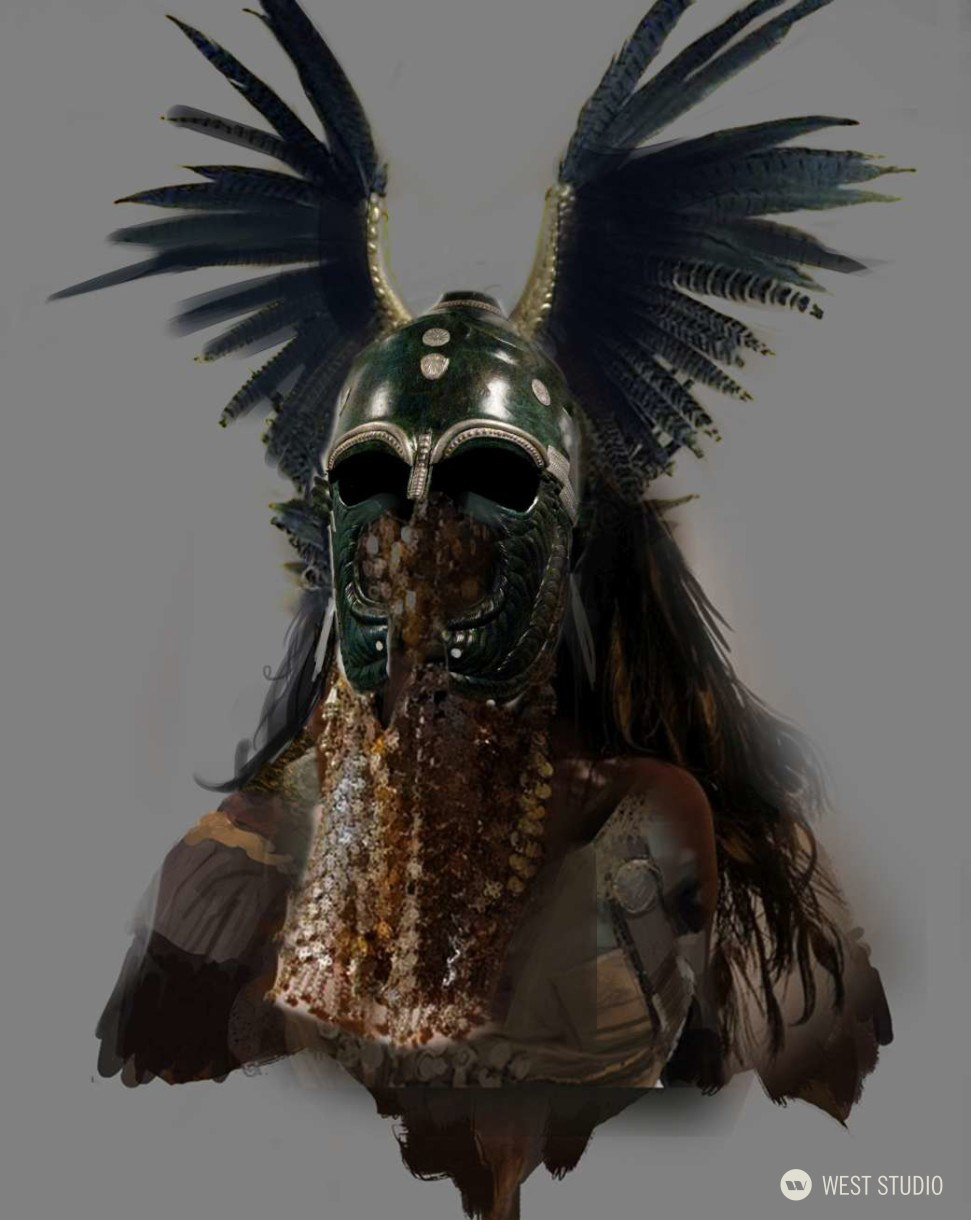 a digital painting of a female warrior, perhaps a valkyrie,  from the chest up. she has long, dark hair and wears elaborate armor that includes a helmet with large, black feathers. the armor appears to be made of leather and metal, with intricate details. the background is a neutral gray.  the art has a painterly style.