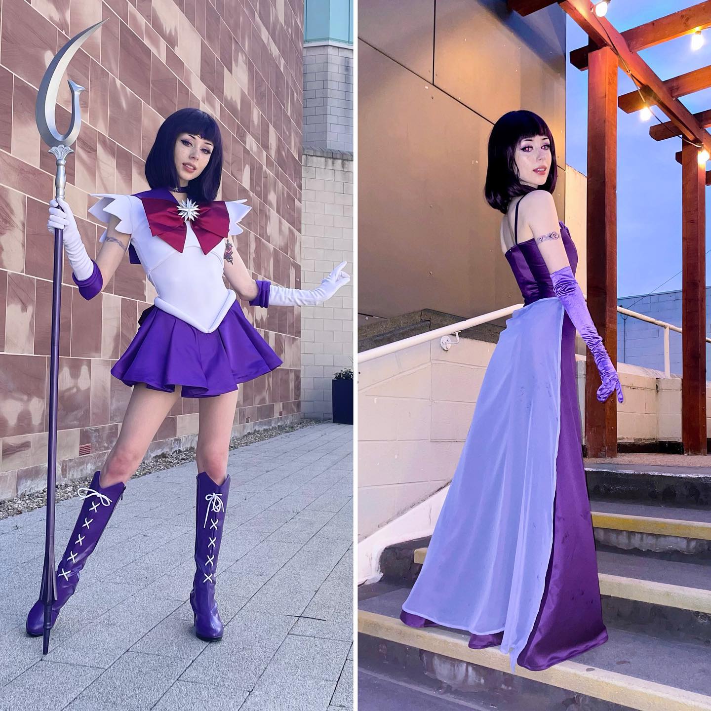 the image is a split view showcasing a cosplayer's transformation from a sailor saturn fighting costume to an elegant evening gown. the left side displays the cosplayer in her sailor saturn outfit, complete with a purple sailorstyle uniform, boots, and a long staff. the right side shows the same cosplayer in a stunning purple and light purple floorlength gown, more suitable for a formal event. both outfits are meticulously crafted, accurately representing the character.  the setting also changes, the left featuring an outdoor paved area and the right showing a more formal or elegant staircase setting. the transformation reflects how the same character can appear different depending on the context, highlighting the dual nature of the character.