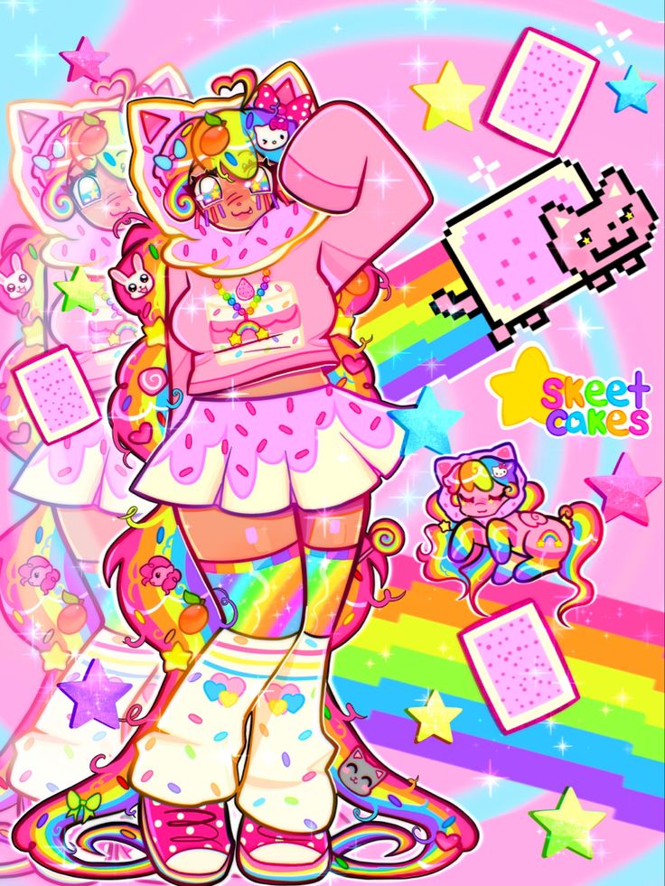 the image is of a cute cartoon girl in a pink hoodie with a rainbow and star pattern. she is wearing white socks with a rainbow and star pattern and pink shoes with white polka dots. her hair is pink and she has a rainbow unicorn head band. she is standing on a rainbow with a nyan cat and a unicorn. there are pink stars and hearts all around her. she is smiling and looks happy. the overall tone of the image is cute, happy, and positive.