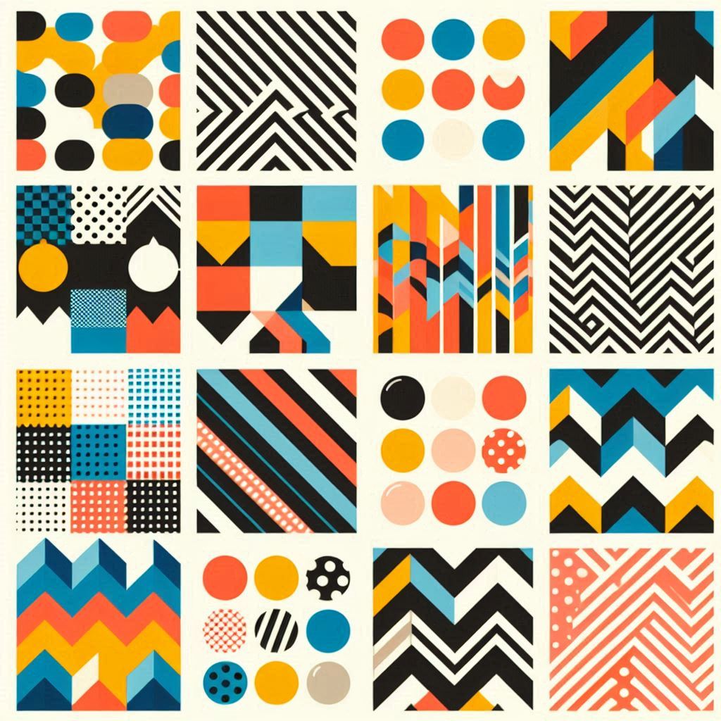 a pattern design featuring a collection of 16 squares. each square has a different geometric pattern in various bright and colorful hues.