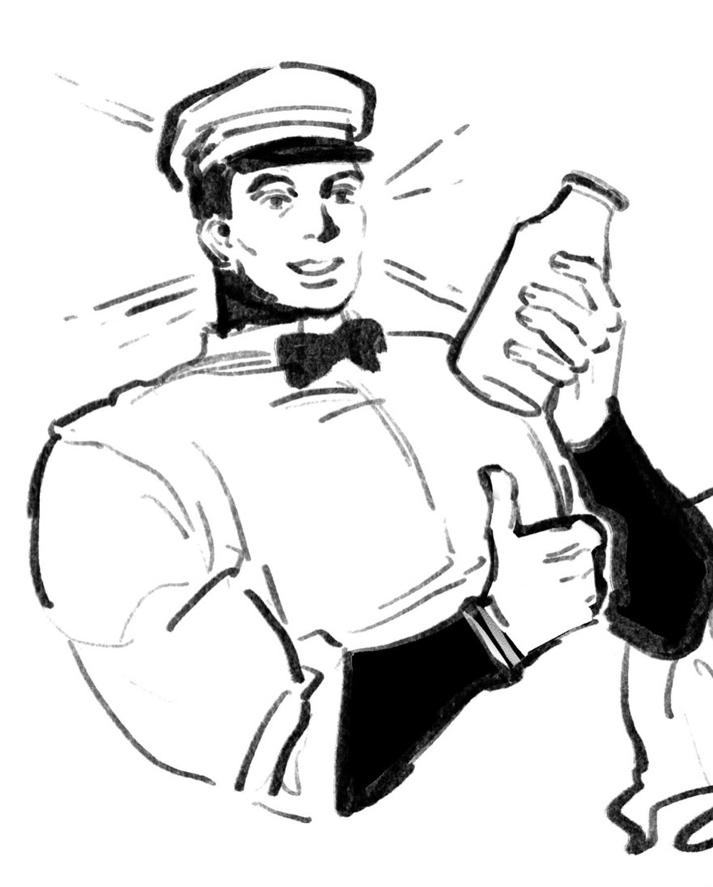 a black and white illustration of a milkman holding up a bottle of milk. he is giving the thumbs up sign and is smiling. the illustration is in a vintage style and has a retro feel.