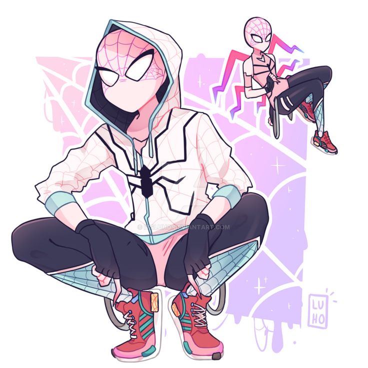 this is a digital art piece depicting spidergwen, in an anime style. she is wearing a white hoodie and black pants with pink and blue accents. she is also wearing a pair of pink sneakers with white and blue accents. she is sitting on the ground with her legs crossed, and she is looking at the viewer with a confident expression. in the background, there is a purple and pink web pattern, as well as a smaller, simplified depiction of spidergwen with a pink and white costume, sitting on a web and wearing a red and white costume. the words "lu ho" are written in the bottom right corner of the image.  this art style is a mix of manga/anime, cartoon, and digital art.