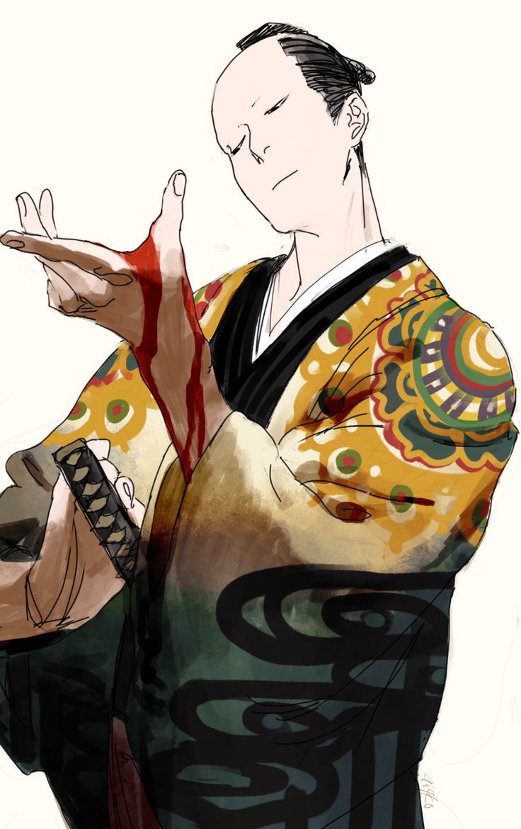 a drawing of a man dressed in traditional samurai clothing with blood dripping from his hand. he holds a sword and has his eyes closed.