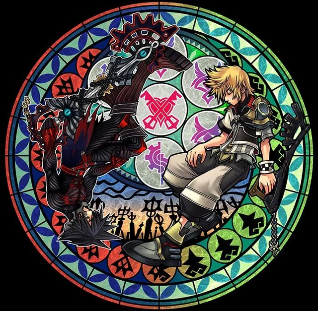 a circular stained glass window design featuring kingdom hearts characters roxas, ventus, and vanitas. roxas sits slumped in the bottom right quadrant, staring at his reflection, ventus. ventus is surrounded by blue and white and images of light, while vanitas sits opposite him in red and black with images of darkness. the center of the image features their respective weapons, keyblades, crossed.