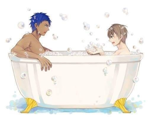 the image is a fanart depicting two animestyle young men, possibly inspired by kuroko no basket characters (given similar appearances to ryota koga and tetsuya kuroko), relaxing in a bathtub filled with bubbly foam. they are positioned slightly apart but facing each other, creating a sense of intimacy or a shared moment. the art style is soft and pasteltoned, emphasizing a peaceful and gentle atmosphere.  the overall feeling is one of calmness and perhaps romantic subtext, typical of boys' love (bl) fan art.