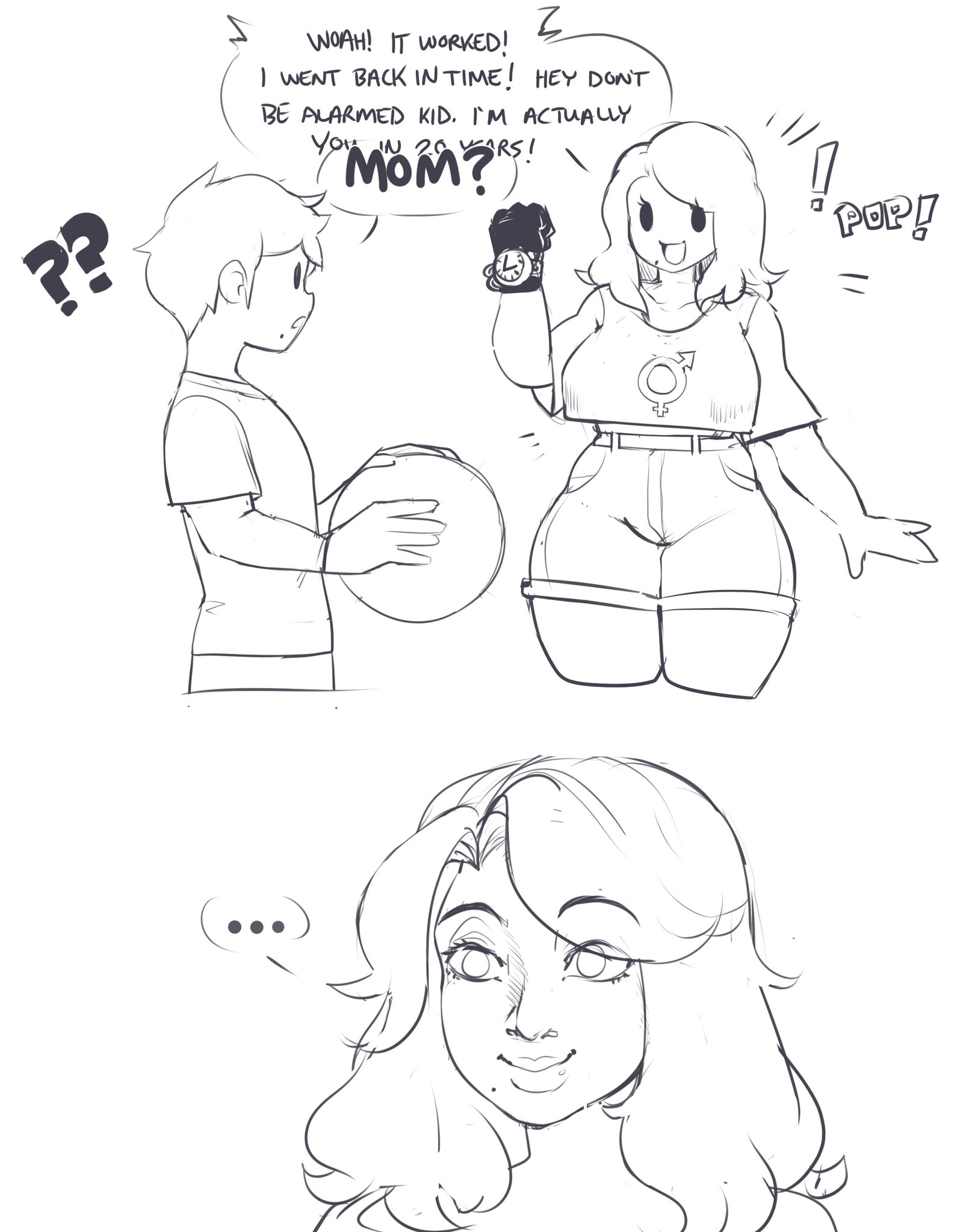 this image depicts a woman who has travelled back in time and is surprised to see her younger self. she is holding a watch in her hand. the child is holding a ball. the woman is smiling, and the child is surprised. the woman is saying "it worked! i went back in time! hey, don't be alarmed kid. i'm actually you in 20 years! mom?" there are sound effects in the image, including "pop!" and "??". the image is drawn in a manga style.